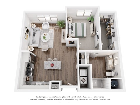 Floor plan for 1 bed, 1 bath, 869 sqft